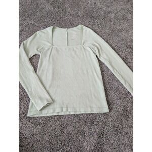 Anthropologie Sage Green Ribbed Square Neck Long Sleeve Top Size Medium